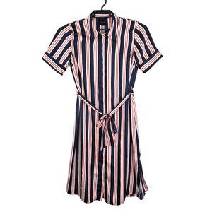 Womens Alex Marie Red Navy White Stripes Shirt Midi Dress Belted Short Sleeve 8